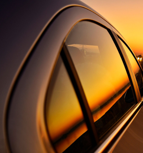 window reflecting sunset